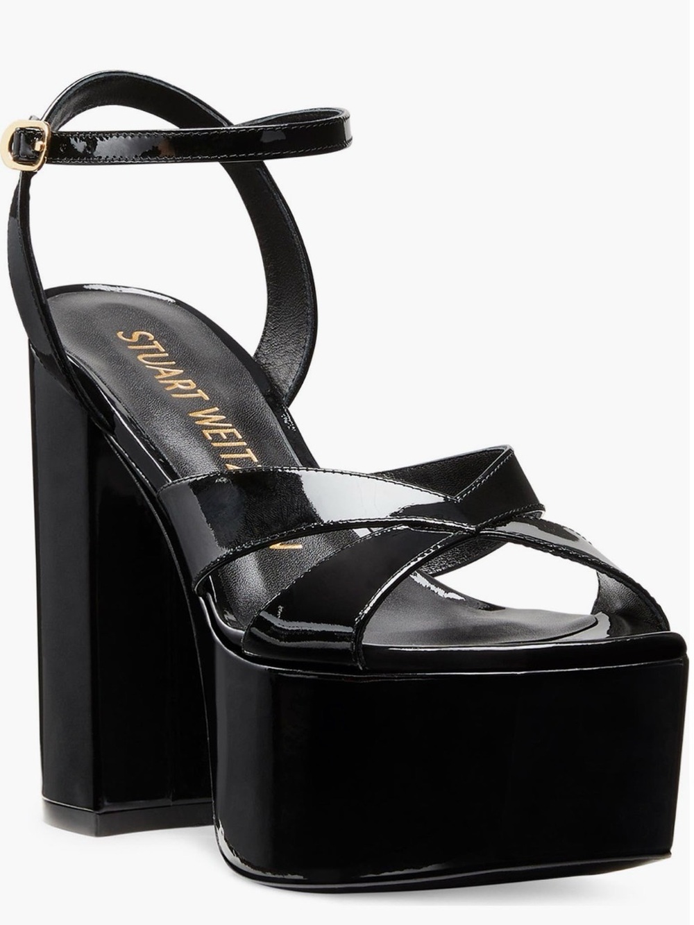 Stuart Weitzman Miami Black Patent Platform Sandal with Gold Buckle